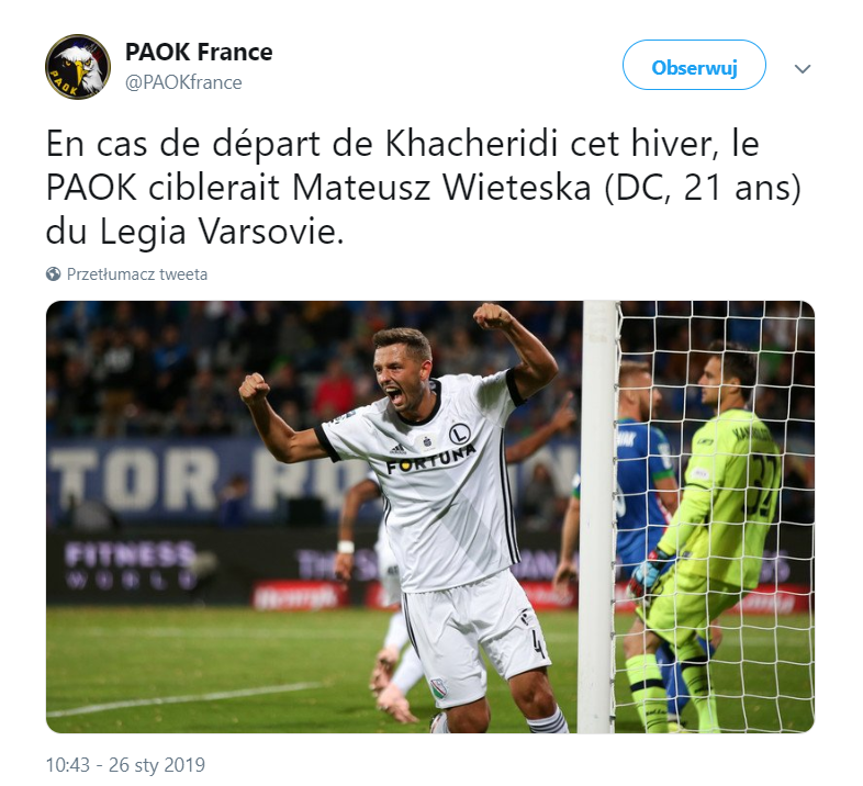 PAOK będzie chciał zastąpić swojego piłkarza zawodnikiem Legii